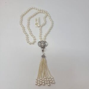 NWT Amrita Singh Silver Elephant Green Eyes Pearl Tassel 19" Statement Necklace